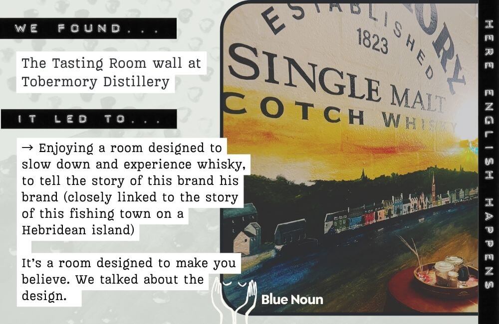 Painted tasting room wall at Tobermory Distillery on the Isle of Mull, designed around the whisky brand’s connection to the colourful fishing town.
