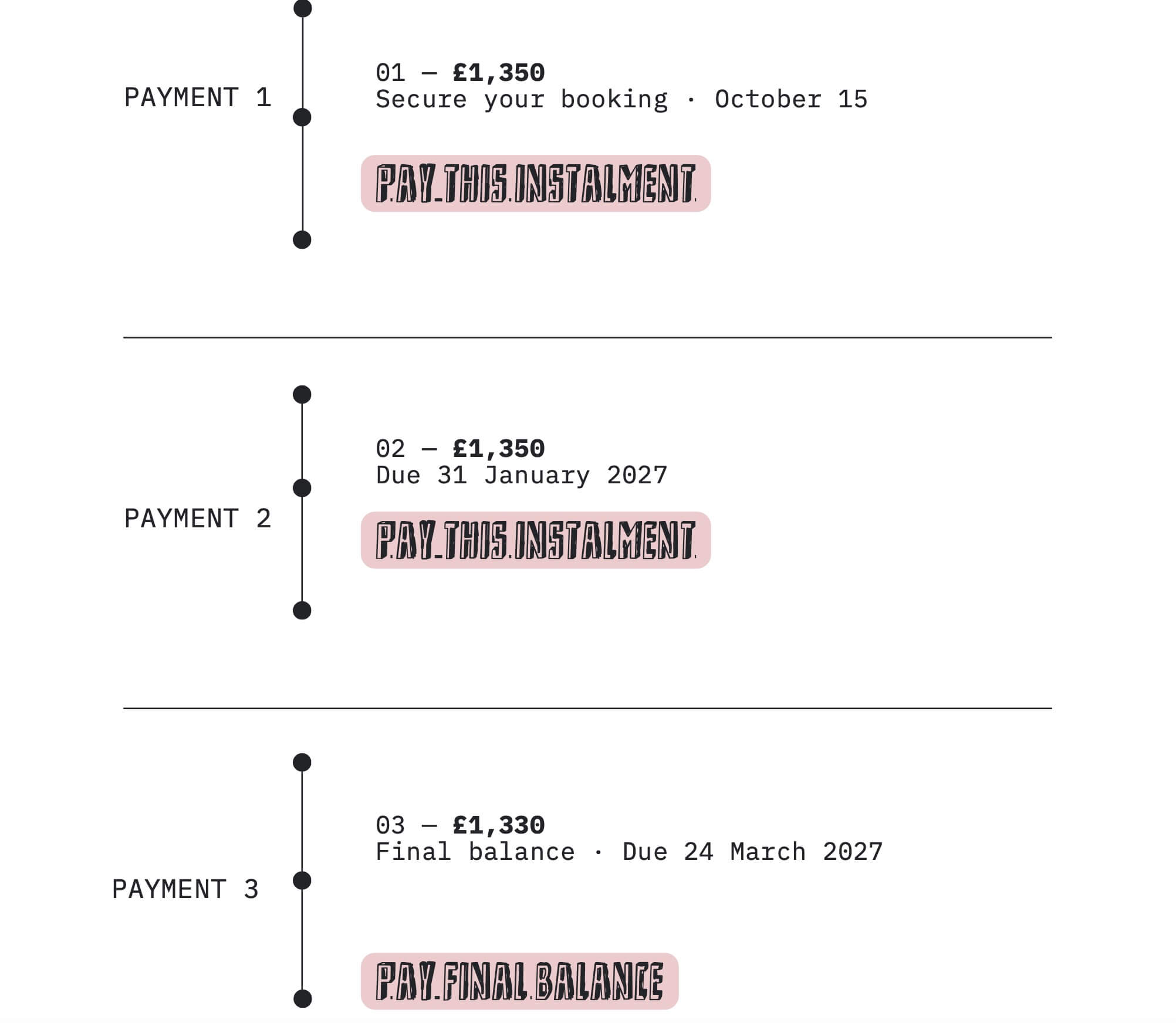 Blue Noun holiday payment schedule showing three instalments and their payment due dates.