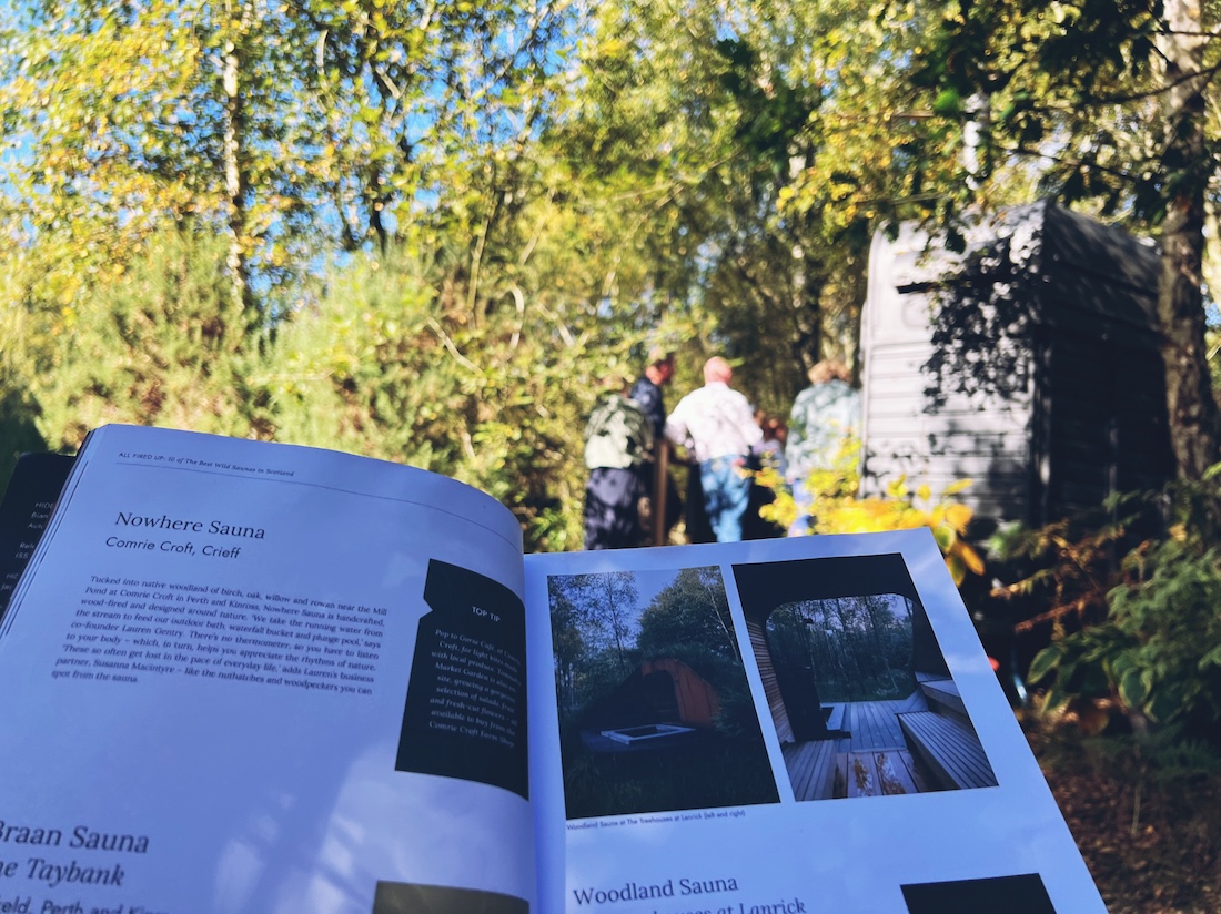 Discovering the Nowhere Sauna at Comrie Croft during a Blue Noun English language holiday in Perthshire.