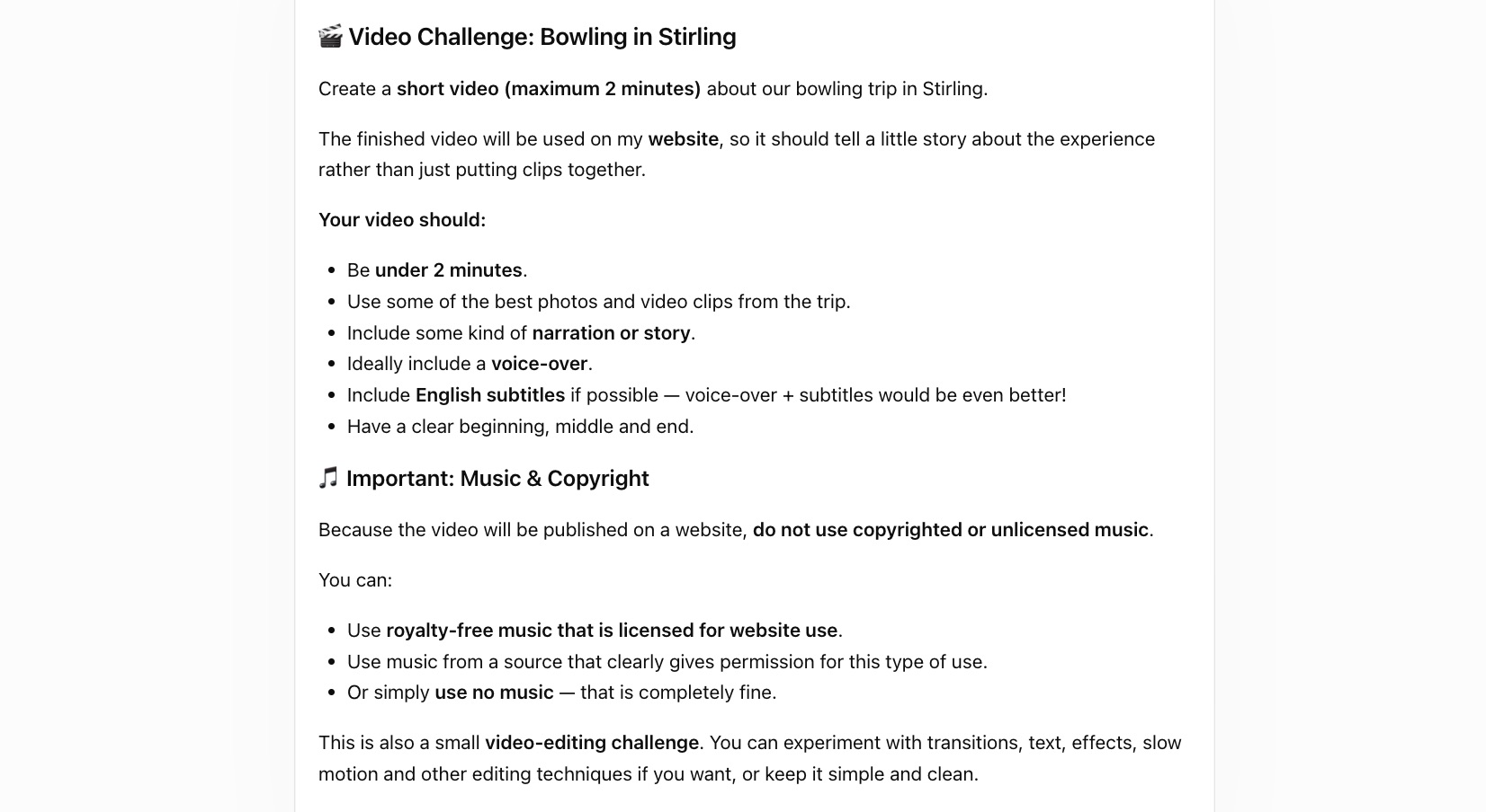 English language practice video challenge for a 12-year-old interested in film and photography during a family English holiday in Scotland.