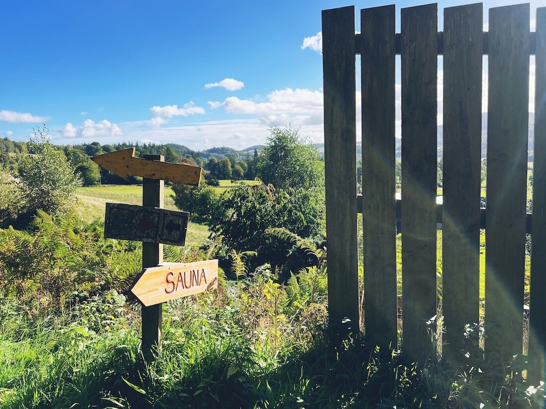 Sign for the Nowhere Sauna at Comrie Croft in Perthshire, part of a Blue Noun English language and wellbeing experience in Scotland