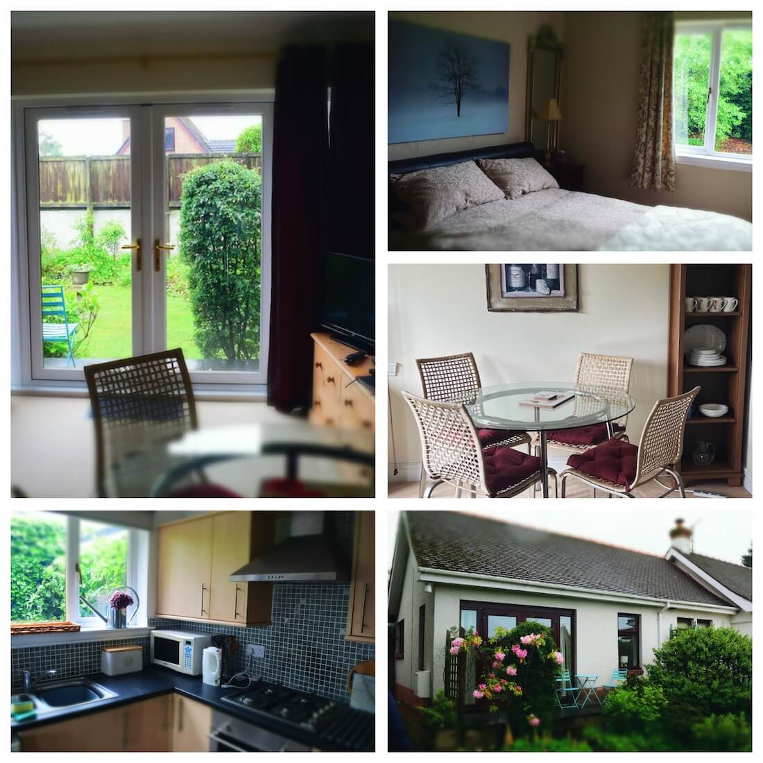 Private family apartment for a holiday in Scotland, with a double bedroom, kitchen, dining area and garden.